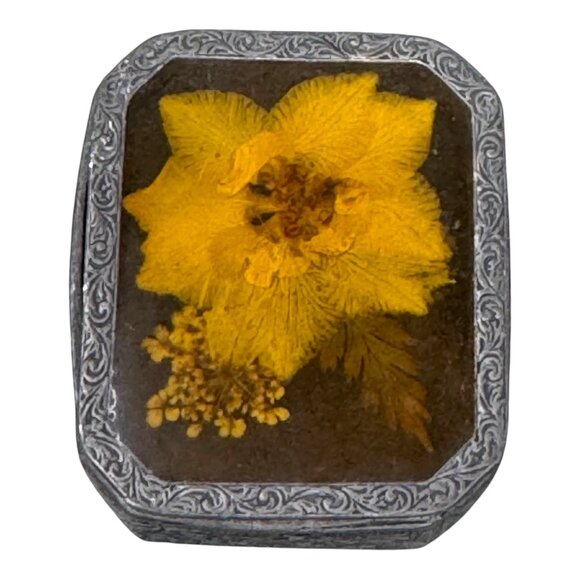 Vintage Floral Etched 2" Trinket Jewelry Ring Box Pressed Dried Flower Design - Picture 2 of 10